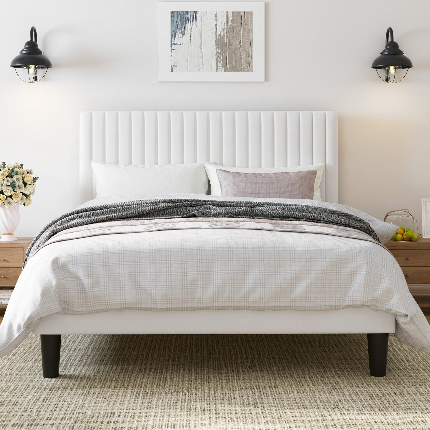Upholstered Platform Bed Frame with Vertical Channel Tufted Velvet Headboard