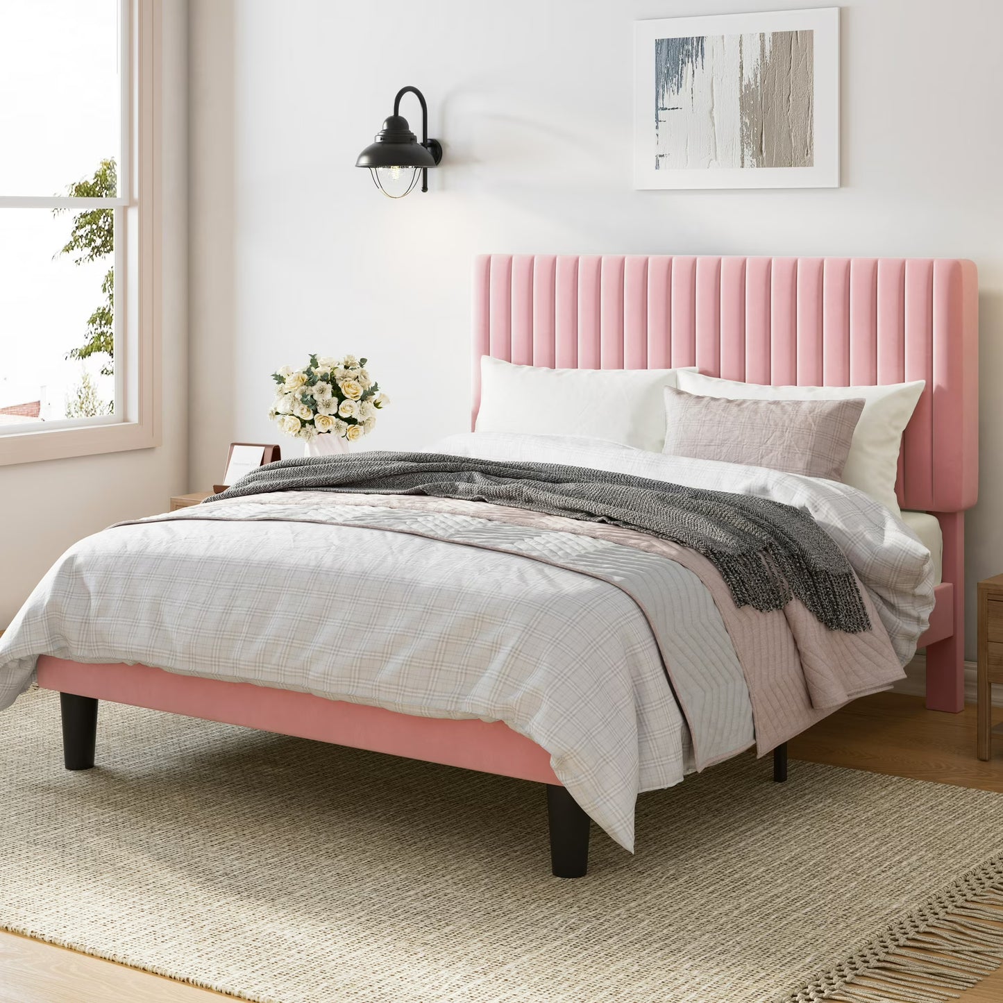 Upholstered Platform Bed Frame with Vertical Channel Tufted Velvet Headboard