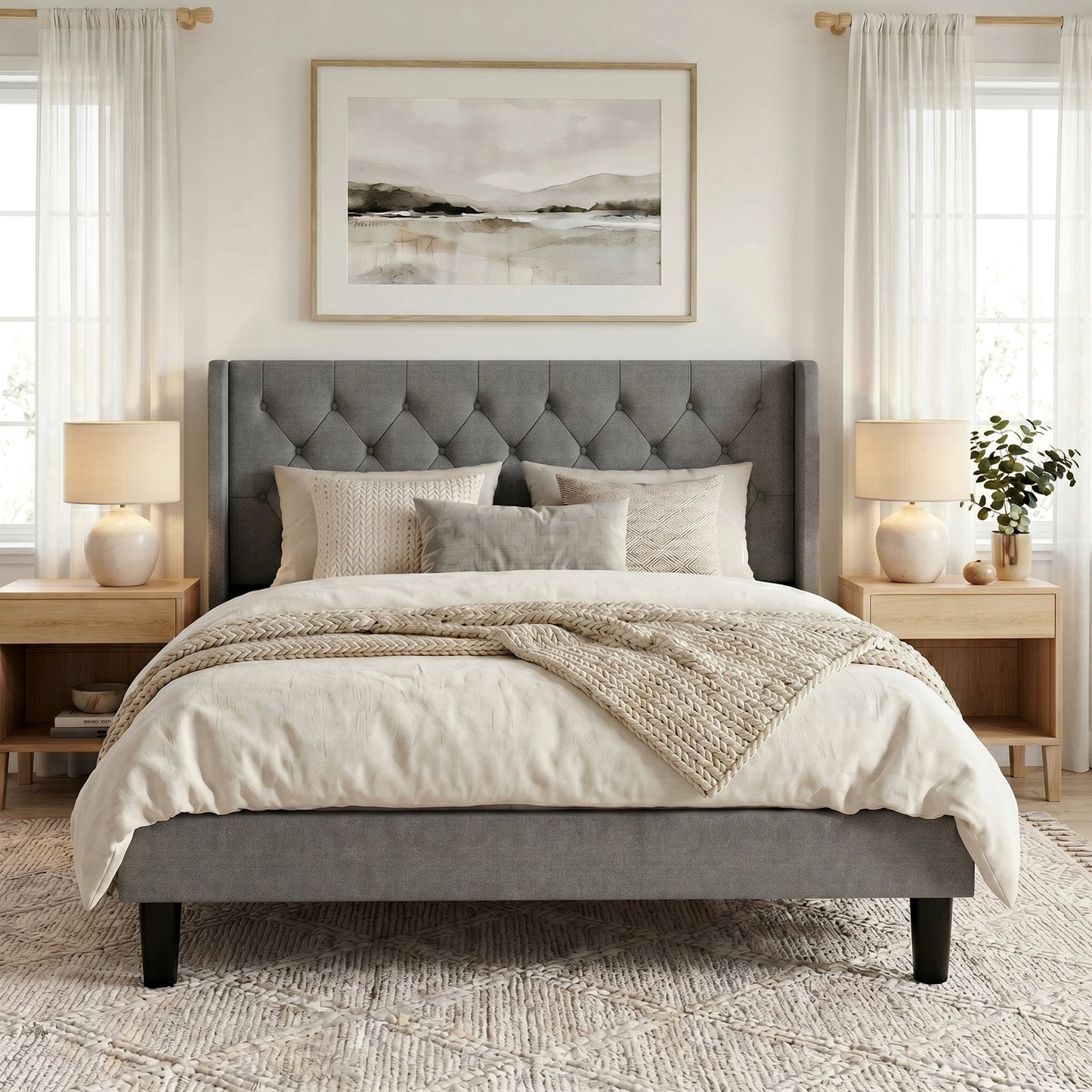 Queen Size Diamond Upholstered Platform Bed Frame with Deluxe Wing Back, Drak Gray