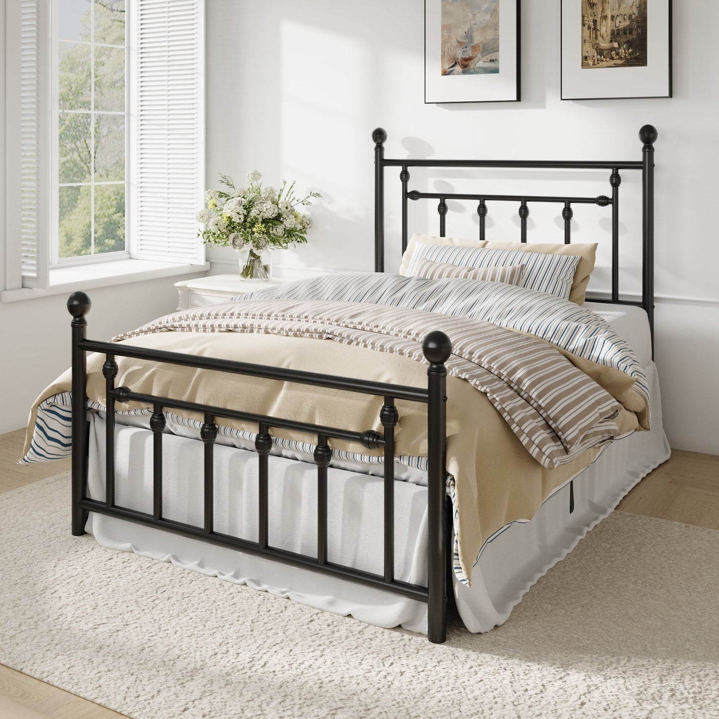 Amolife Metal Platform Bed Frame with Vintage Pattern Headboard