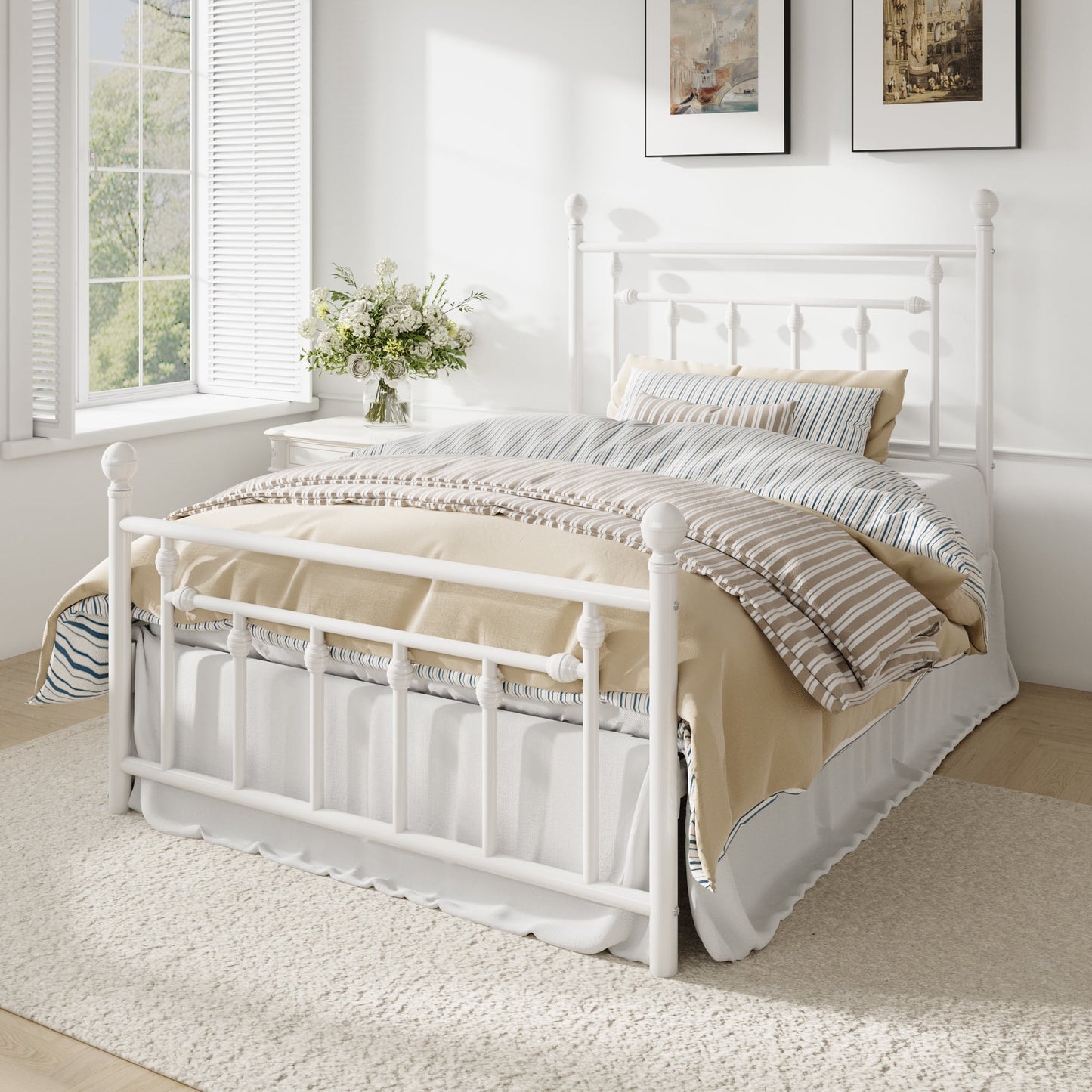 Amolife Metal Platform Bed Frame with Vintage Pattern Headboard