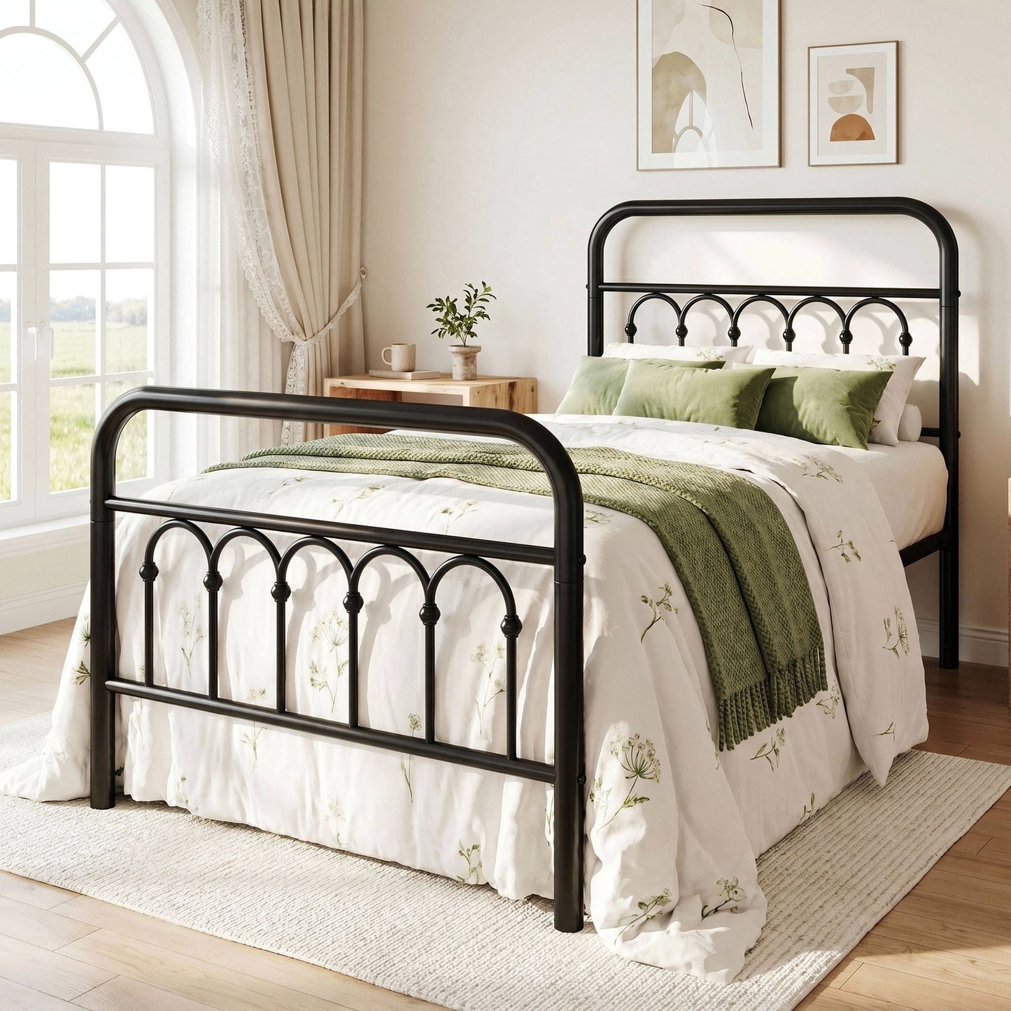 Amolife Elegant Metal Platform Bed with a Retro and Curved Iron-Art Headboard