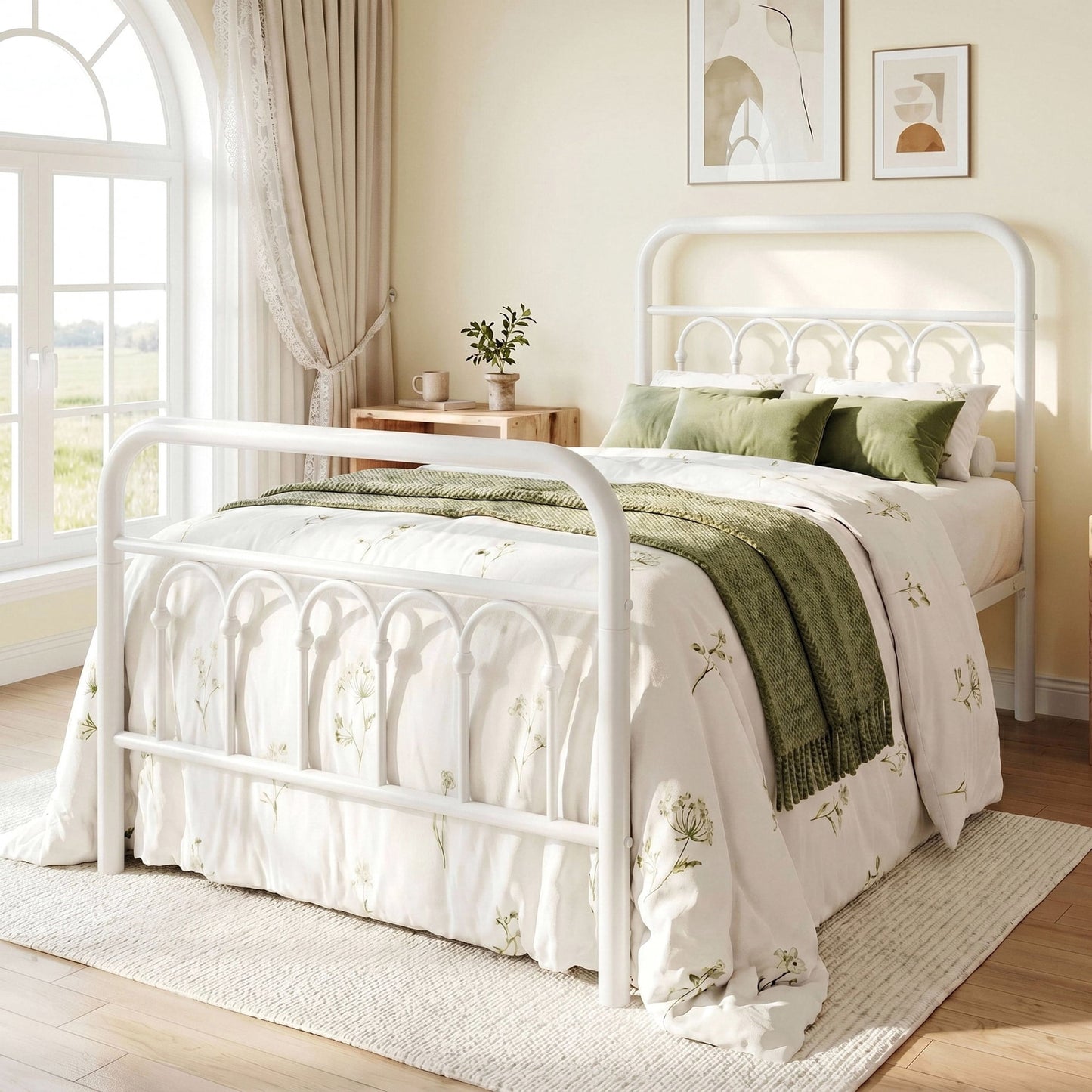 Amolife Elegant Metal Platform Bed with a Retro and Curved Iron-Art Headboard