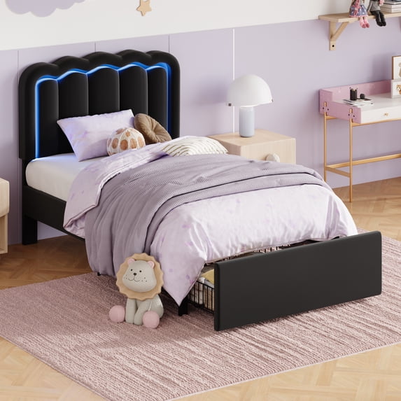 Amolife LED Bed Frame with Drawer, Velvet Upholstered Platform Bed Frame with Adjustable Wavy Headboard