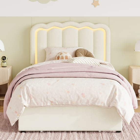 Amolife LED Bed Frame with Drawer, Velvet Upholstered Platform Bed Frame with Adjustable Wavy Headboard