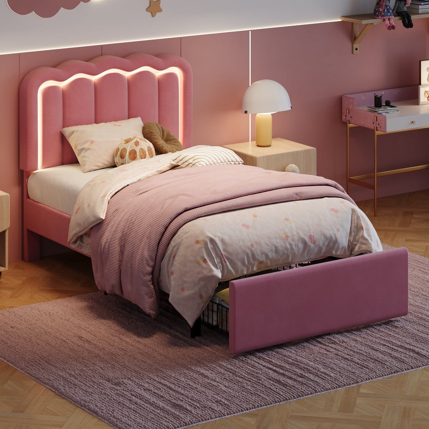 Amolife LED Bed Frame with Drawer, Velvet Upholstered Platform Bed Frame with Adjustable Wavy Headboard