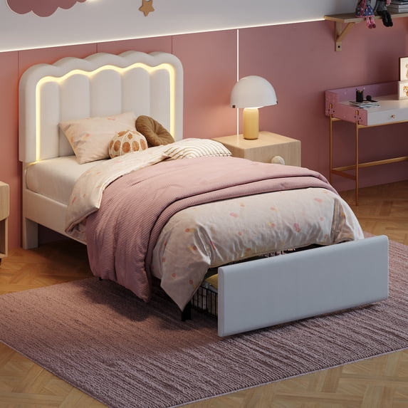 Amolife LED Bed Frame with Drawer, Velvet Upholstered Platform Bed Frame with Adjustable Wavy Headboard
