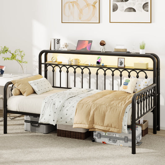 Amolife Twin Size Metal Daybed with Charging Station & LED Lights, Shelf Headboard, Under-Bed Storage, Vintage Daybed Frame, No Box Spring Needed
