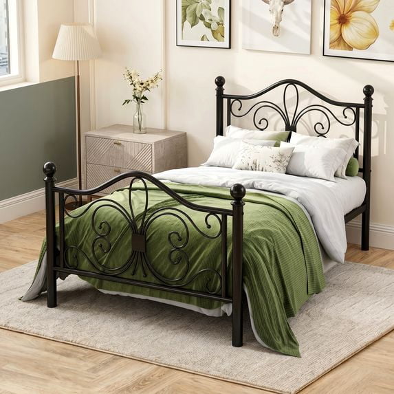Amolife Metal Platform Bed Frame With Vintage Butterfly Pattern Headboard&Footboard