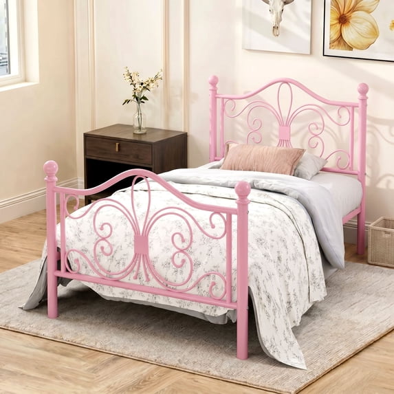 Amolife Metal Platform Bed Frame With Vintage Butterfly Pattern Headboard&Footboard