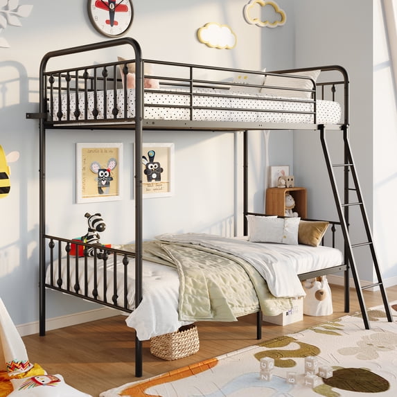 Amolife Twin over Twin Size Metal Bunk Bed with Removable Ladder, Used as Bunk Bed or Two Twin Beds, Full-Length Guardrail