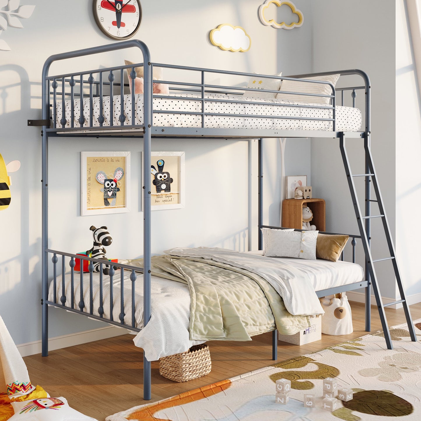 Amolife Twin over Twin Size Metal Bunk Bed with Removable Ladder, Used as Bunk Bed or Two Twin Beds, Full-Length Guardrail