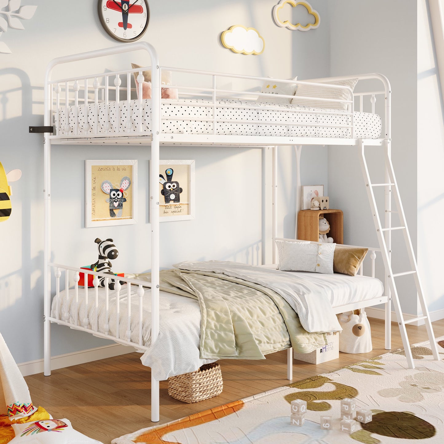 Amolife Twin over Twin Size Metal Bunk Bed with Removable Ladder, Used as Bunk Bed or Two Twin Beds, Full-Length Guardrail