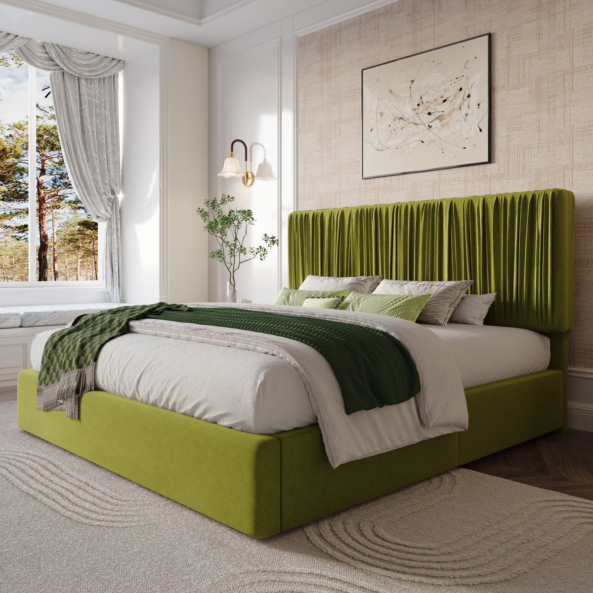Amolife Bed Frame with Artisanal Pleated Adjustable Headboard, No Box Spring Required