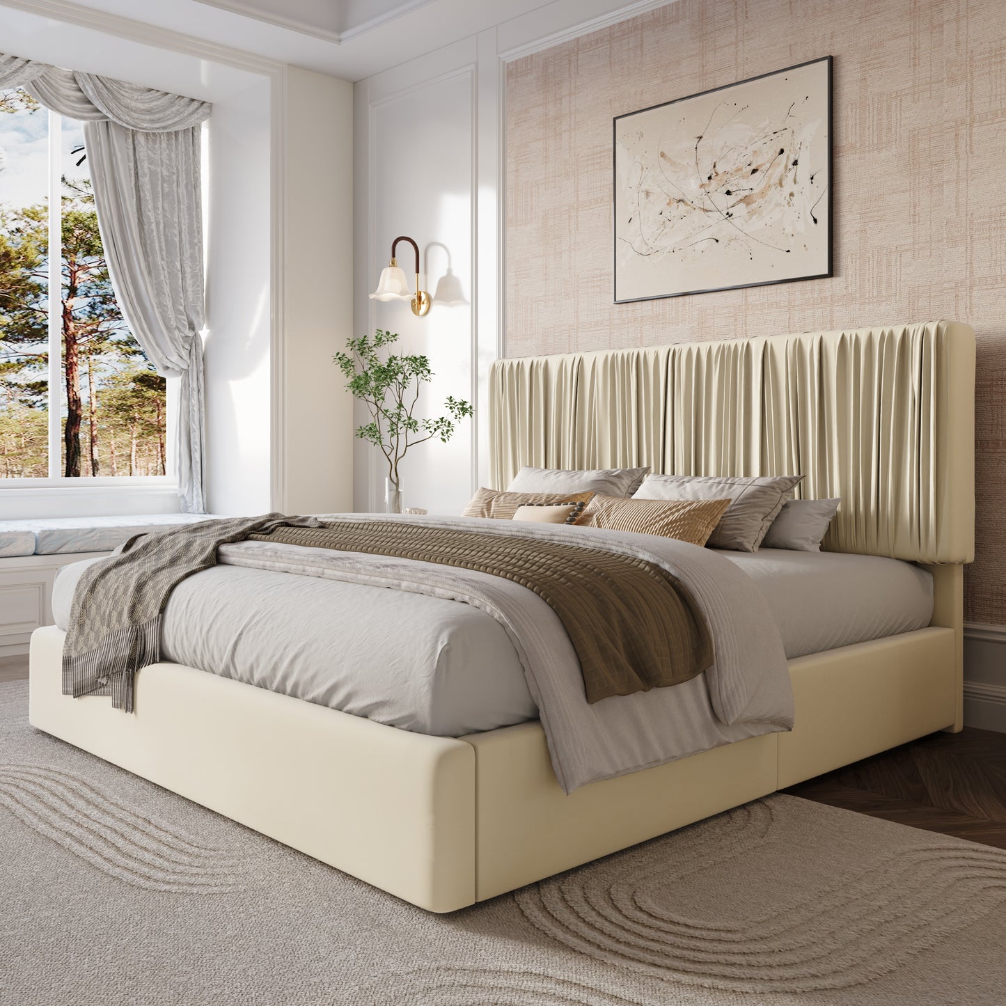 Amolife Bed Frame with Artisanal Pleated Adjustable Headboard, No Box Spring Required