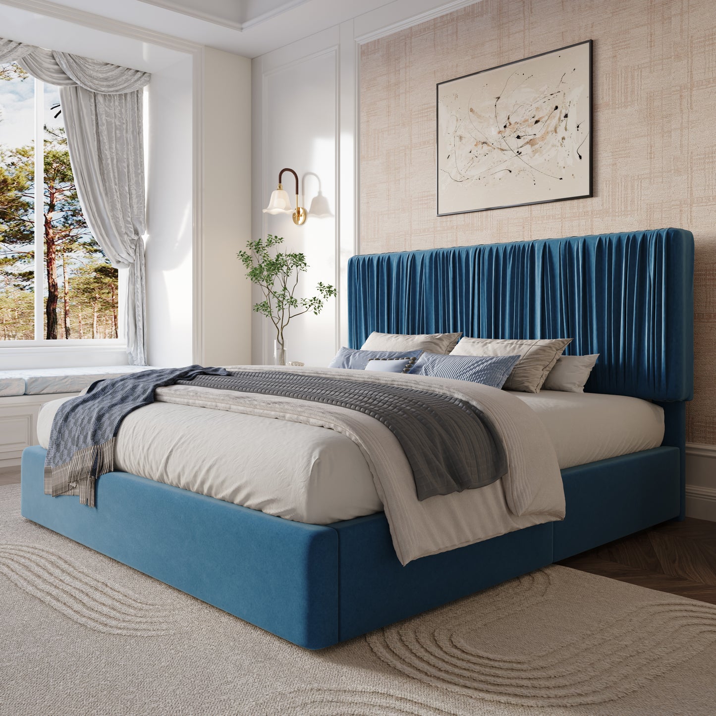 Amolife Bed Frame with Artisanal Pleated Adjustable Headboard, No Box Spring Required