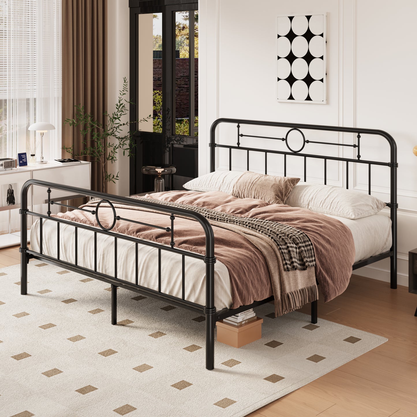 Amolife Bed Frame with Vintage Headboard and Footboard, 12.4" Under-Bed Storage Space, No Box Spring Needed