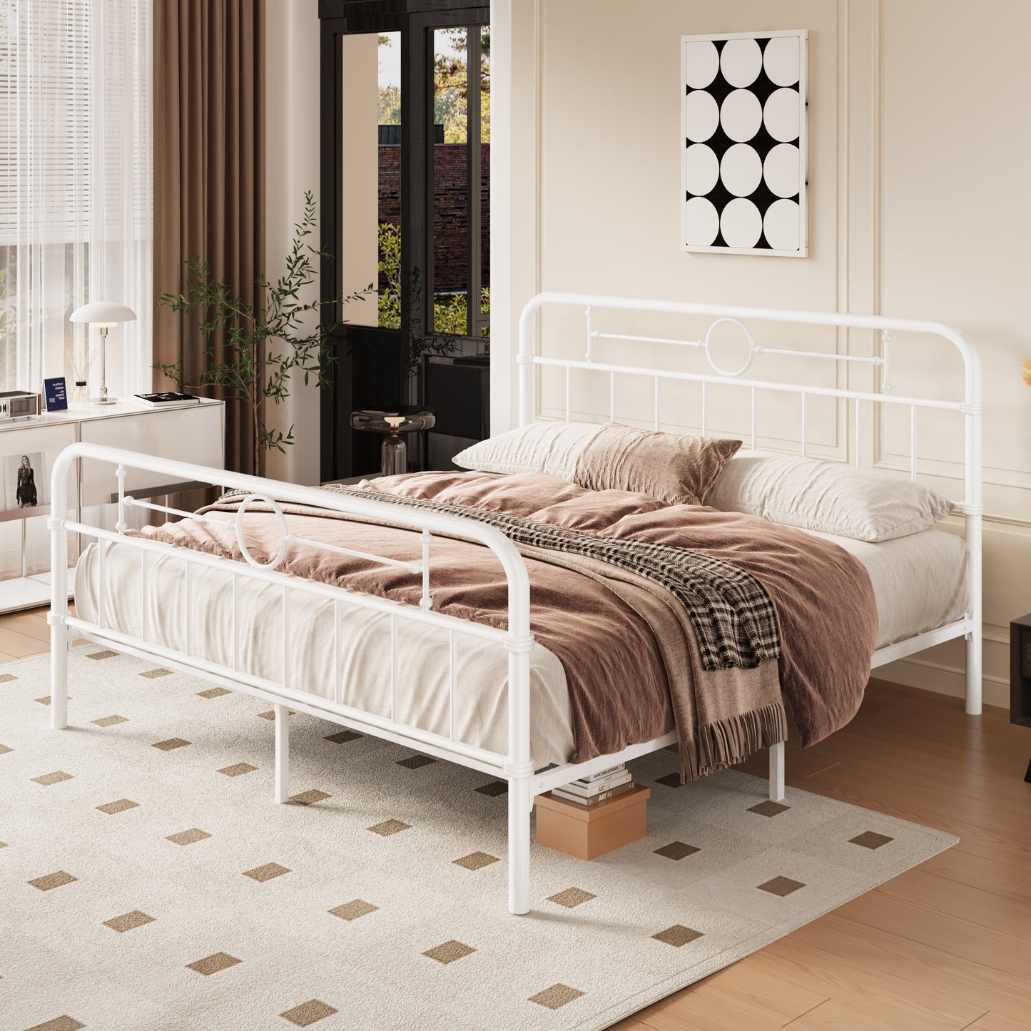 Amolife Bed Frame with Vintage Headboard and Footboard, 12.4" Under-Bed Storage Space, No Box Spring Needed