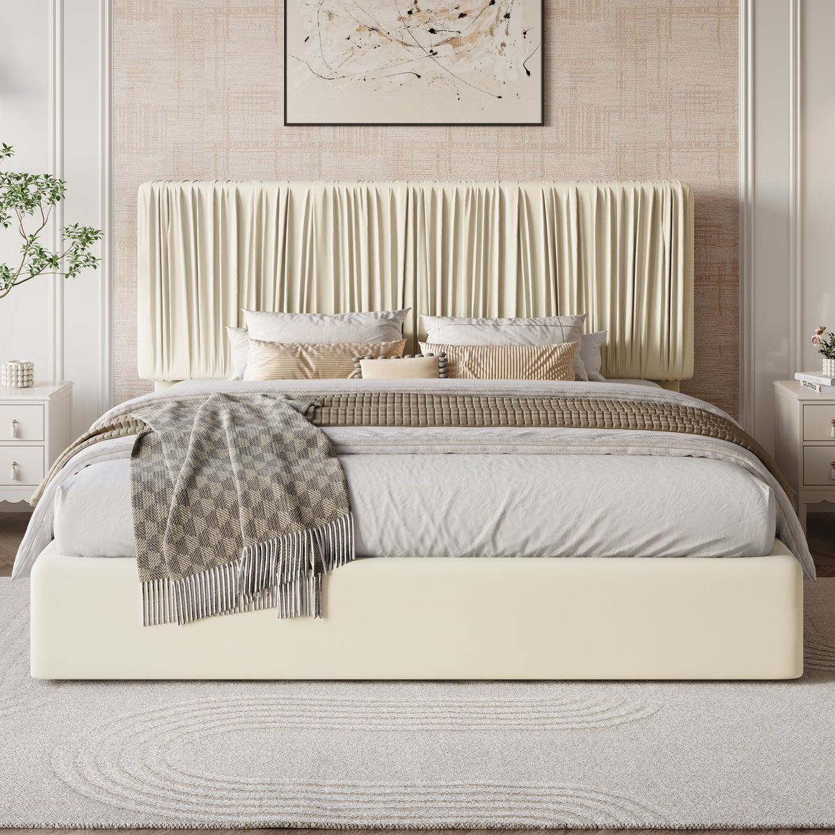 Amolife Bed Frame with Artisanal Pleated Adjustable Headboard, No Box Spring Required