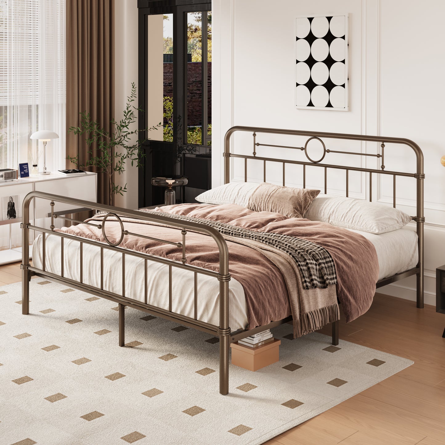 Amolife Bed Frame with Vintage Headboard and Footboard, 12.4" Under-Bed Storage Space, No Box Spring Needed