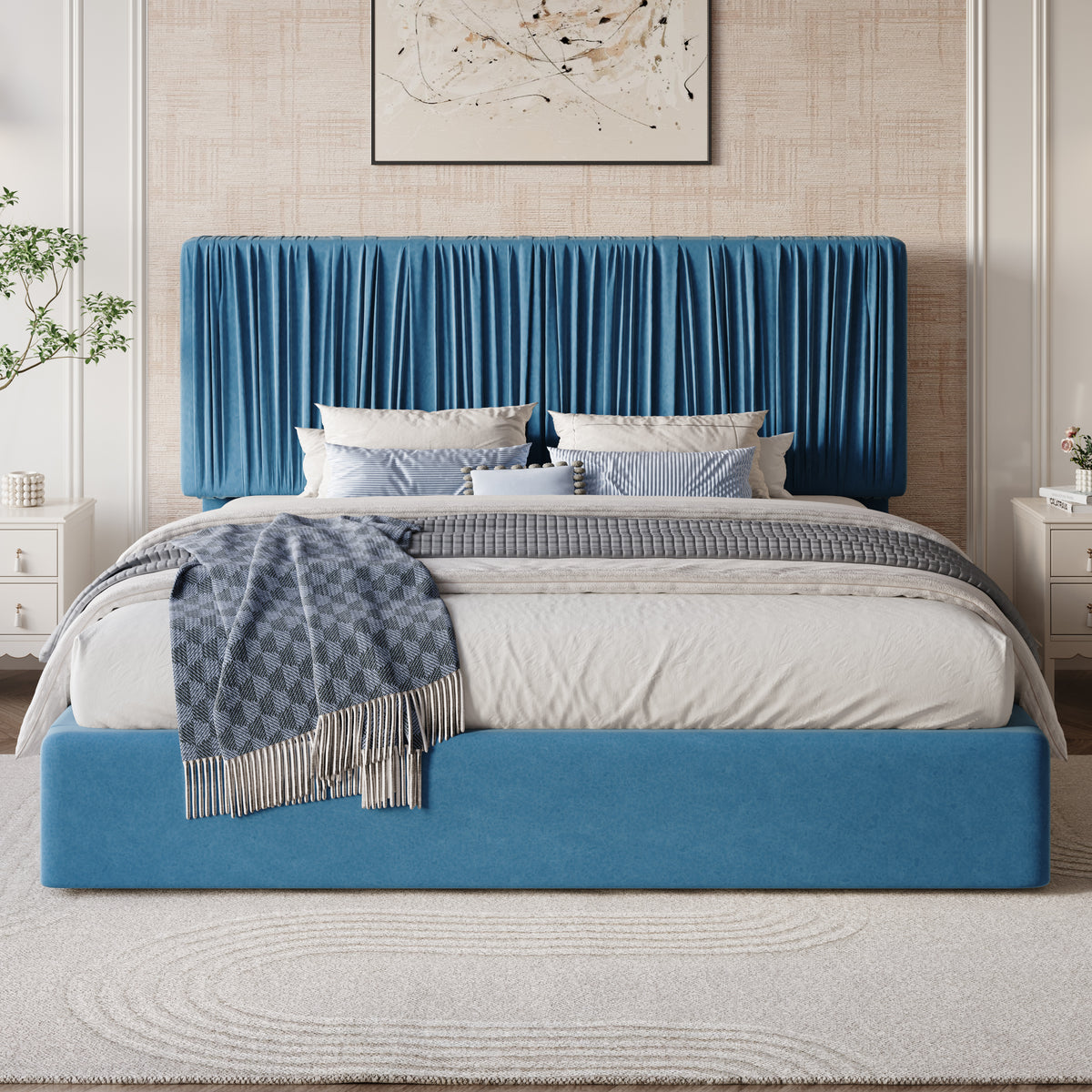 Amolife Bed Frame with Artisanal Pleated Adjustable Headboard, No Box Spring Required