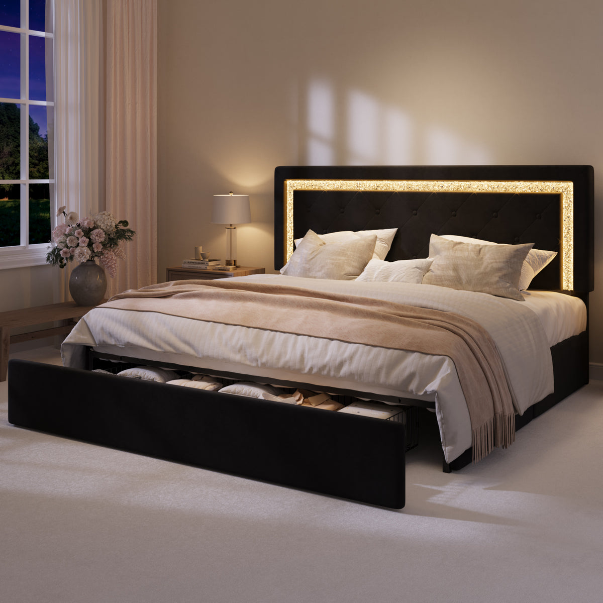 Amolife Bed Frame, Velvet Upholstered Storage Bed with Adjustable Diamond-Tufted Smart LED Headboard, Footboard Drawer