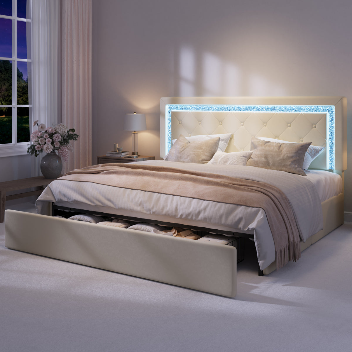 Amolife Bed Frame, Velvet Upholstered Storage Bed with Adjustable Diamond-Tufted Smart LED Headboard, Footboard Drawer