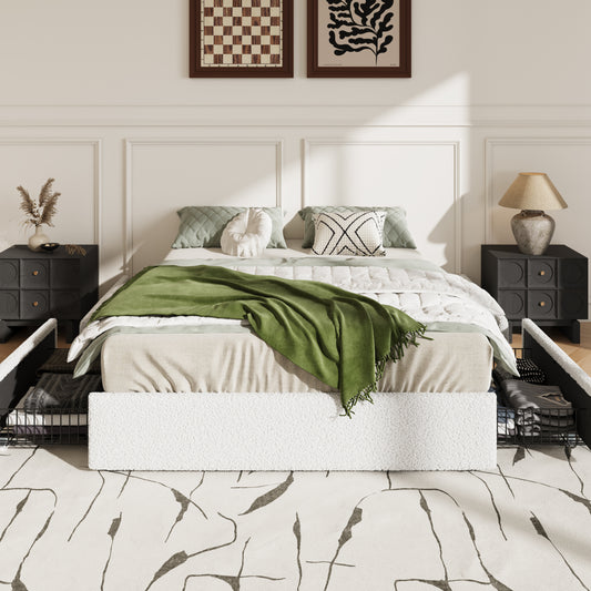 Amolife Platform Bed Frame with Plush Boucle Upholstery & 4 Storage Drawers