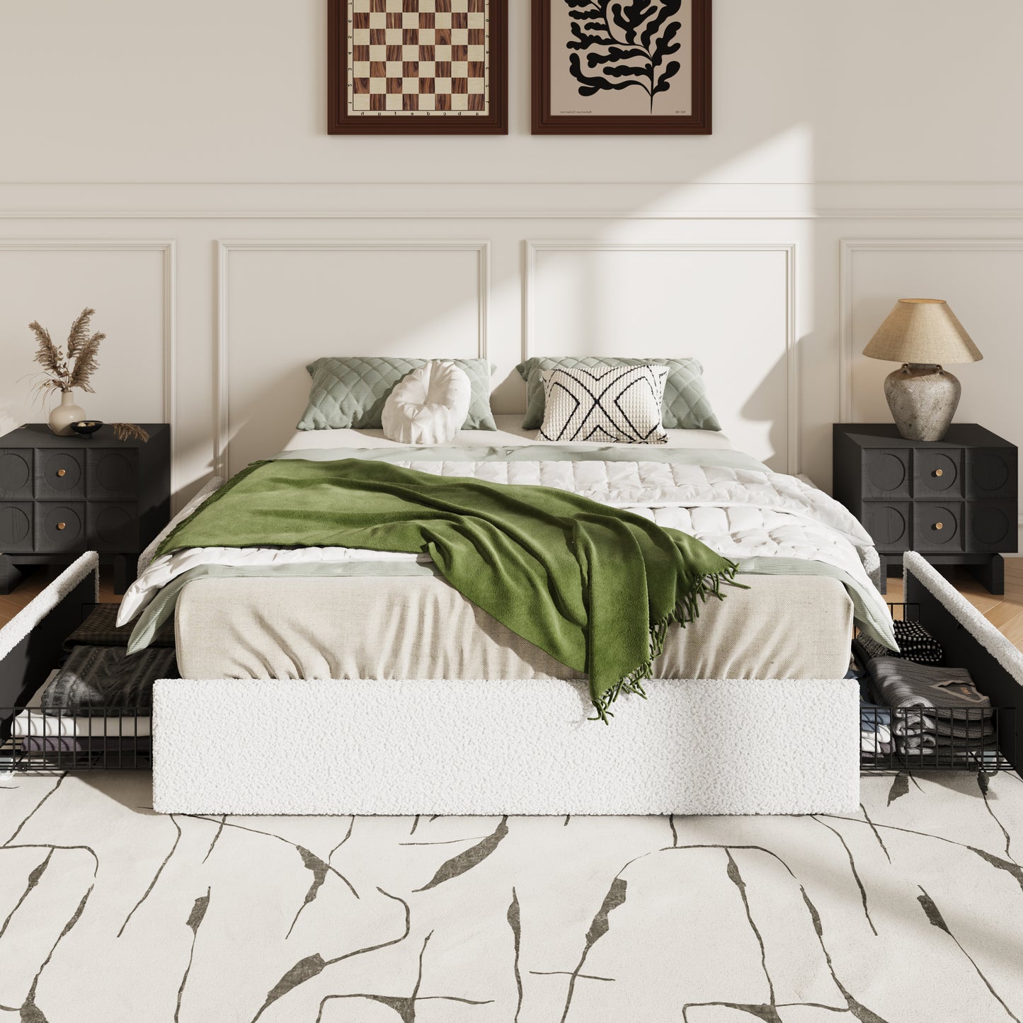 Amolife Platform Bed Frame with Plush Boucle Upholstery & 4 Storage Drawers