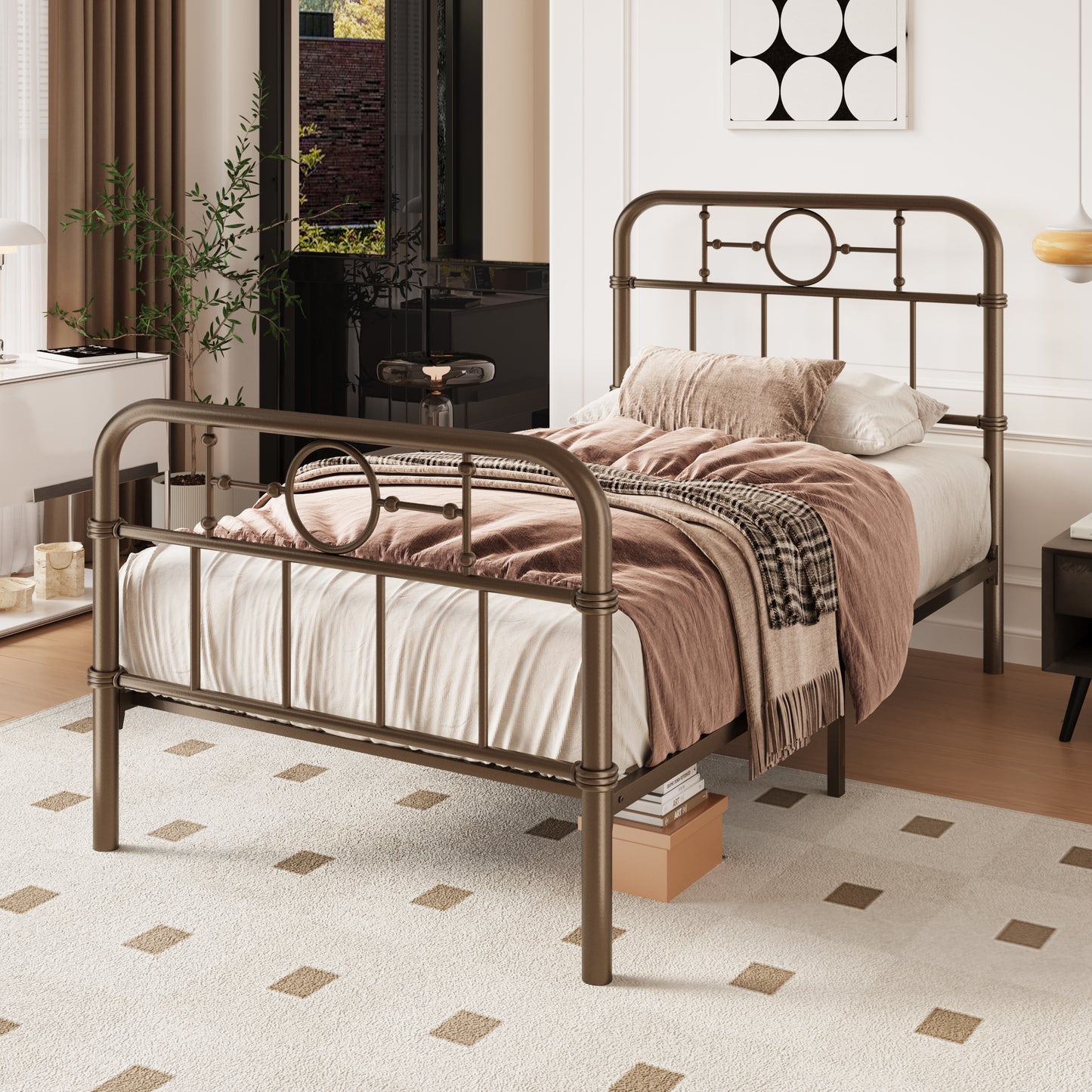 Amolife Bed Frame with Vintage Headboard and Footboard, 12.4" Under-Bed Storage Space, No Box Spring Needed