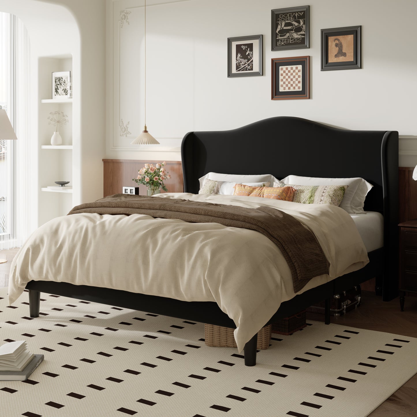 Amolife Bed Frame with Velvet Upholstered Wingback Headboard, Personalized Platform Bed, No Box Spring Required