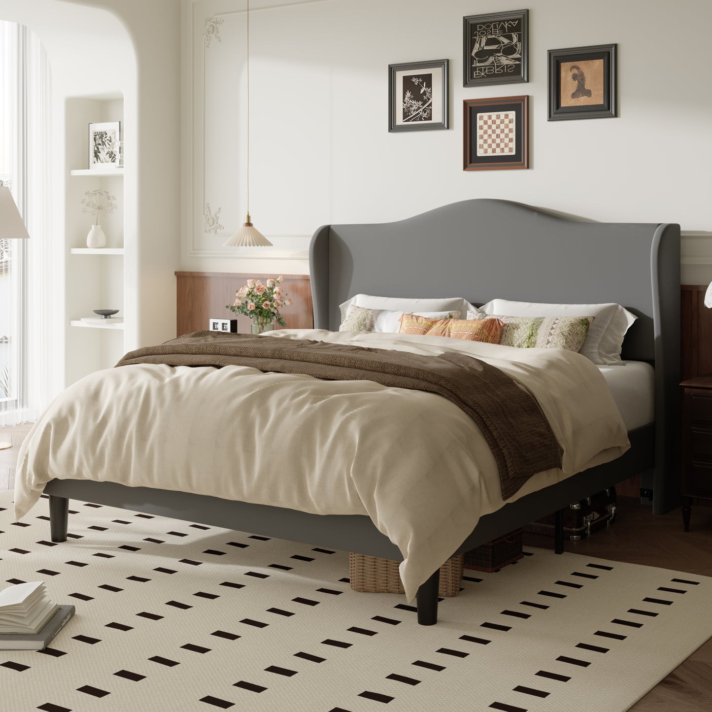 Amolife Bed Frame with Velvet Upholstered Wingback Headboard, Personalized Platform Bed, No Box Spring Required