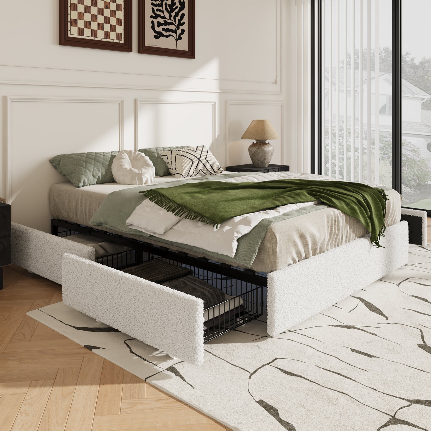 Amolife Platform Bed Frame with Plush Boucle Upholstery & 4 Storage Drawers