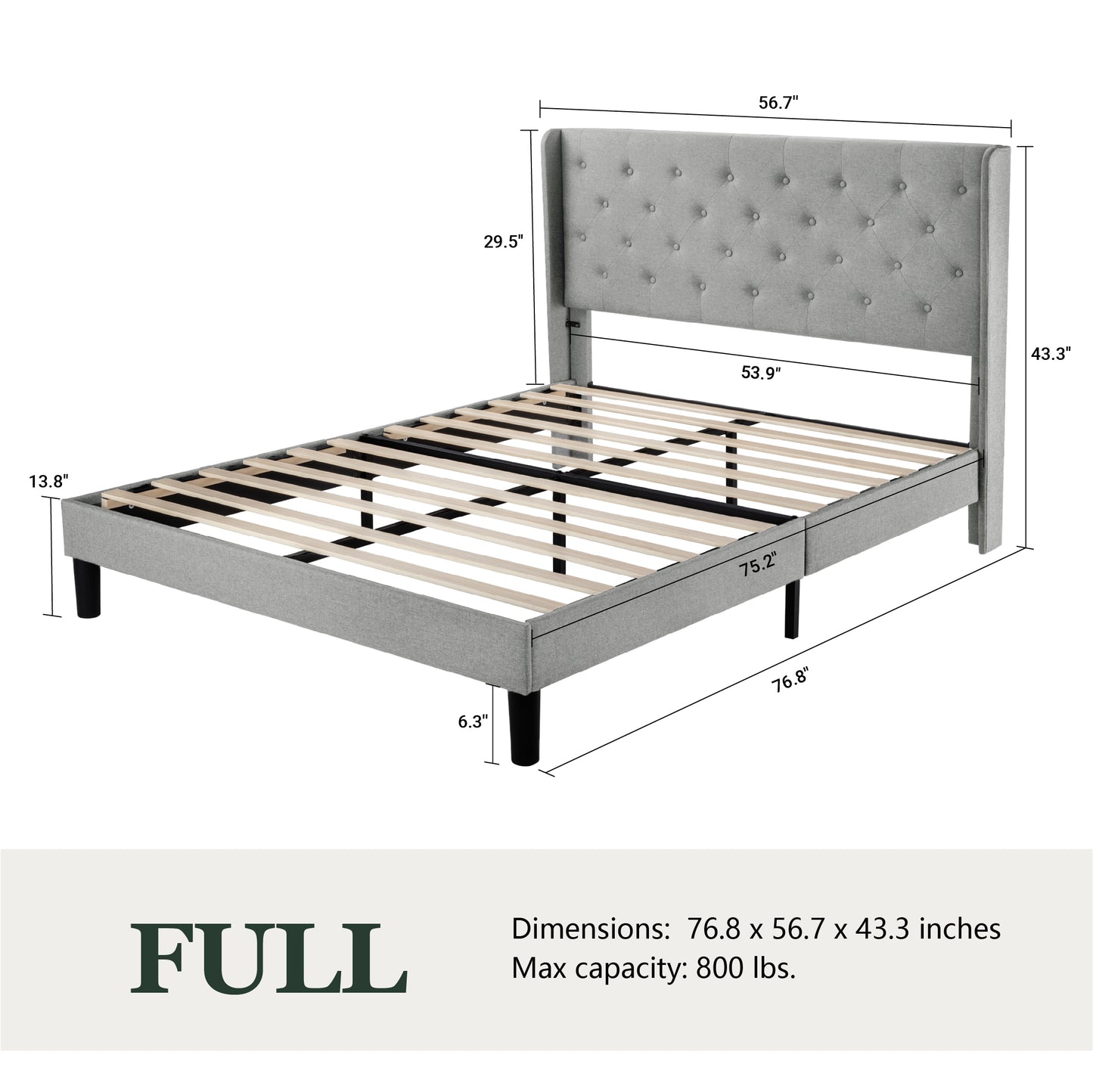 Queen Size Diamond Upholstered Platform Bed Frame with Deluxe Wing Back, Drak Gray