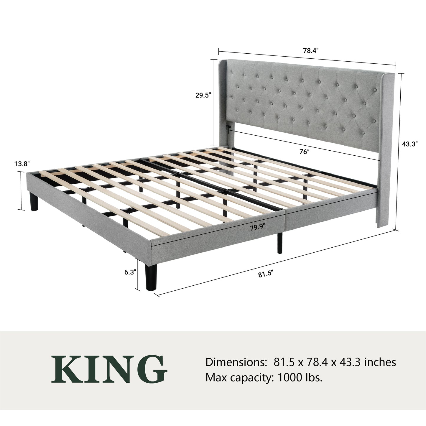Queen Size Diamond Upholstered Platform Bed Frame with Deluxe Wing Back, Drak Gray
