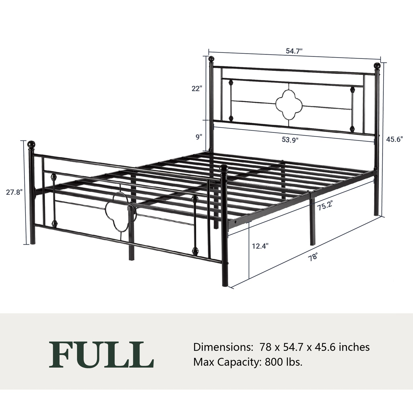 Queen Size Metal Bed Frame with Vintage Cross Pattern Headboard and Footboard, Black