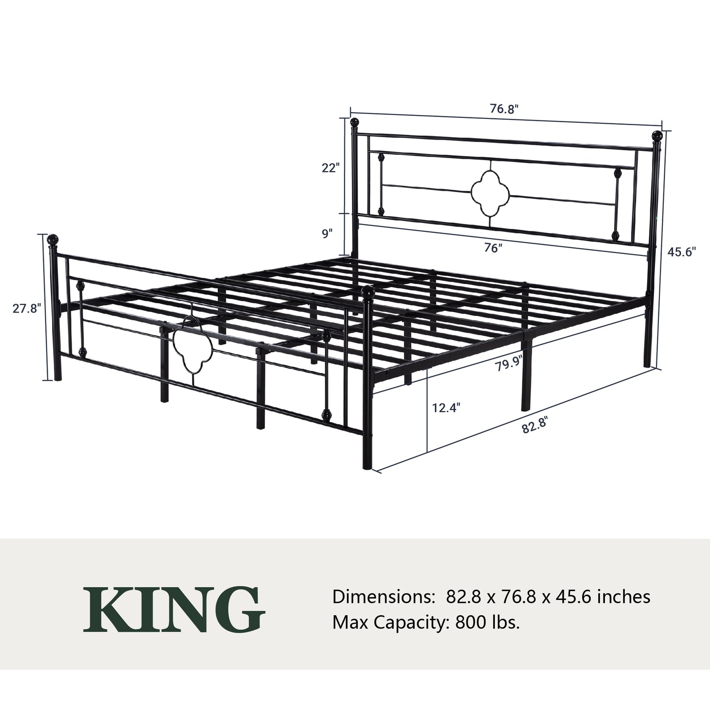 Queen Size Metal Bed Frame with Vintage Cross Pattern Headboard and Footboard, Black