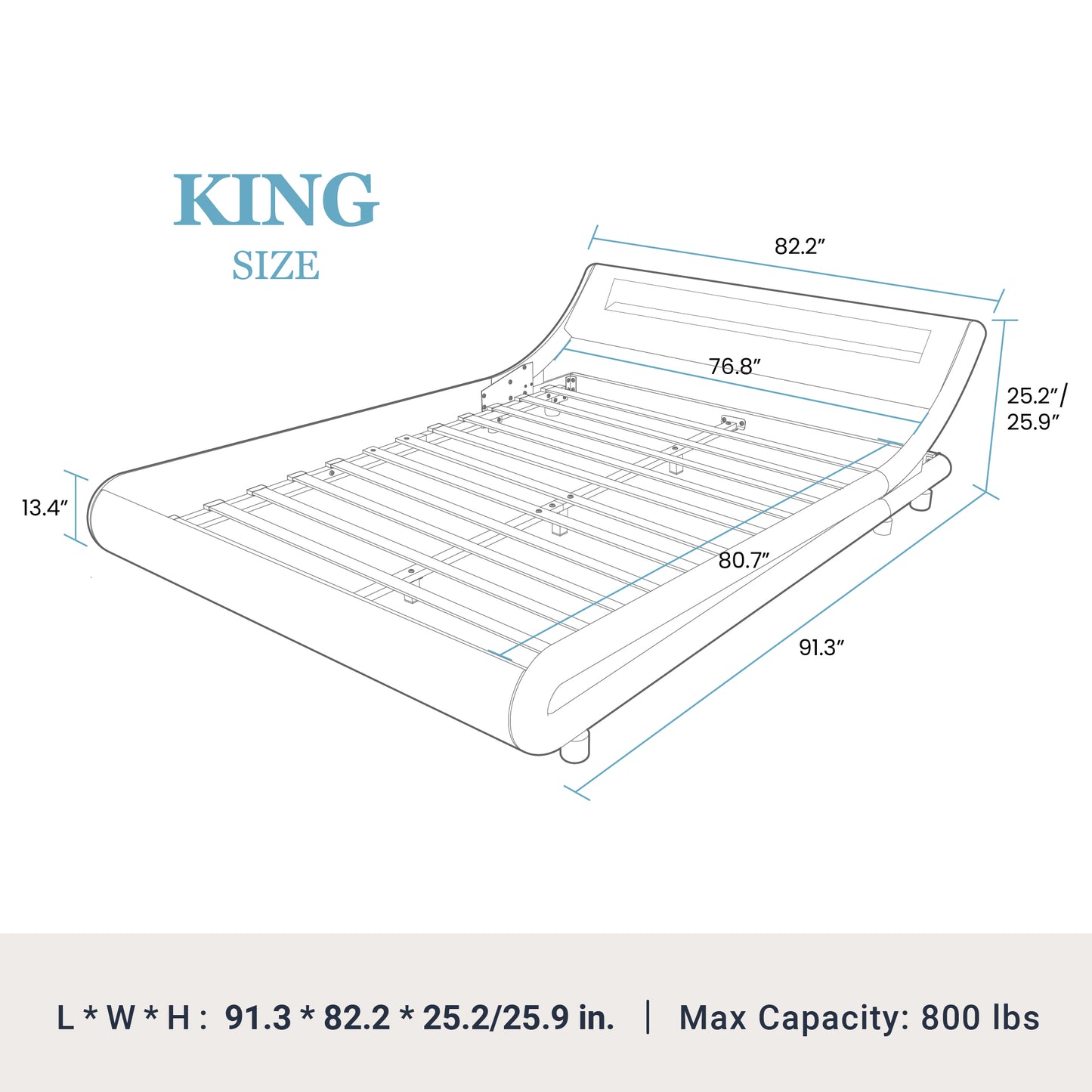 Wave Like Curve Deluxe Upholstered Modern Bed Frame with LED Headboard