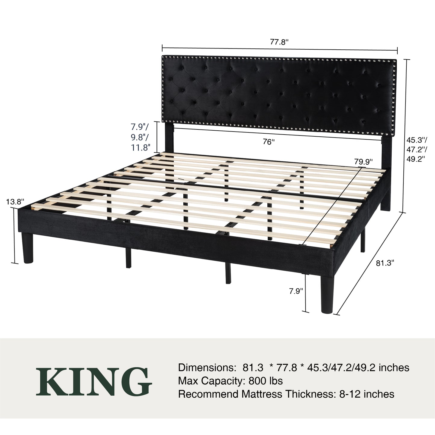 Queen Bed Frame with Adjustable Velvet-Studded Headboard, Black