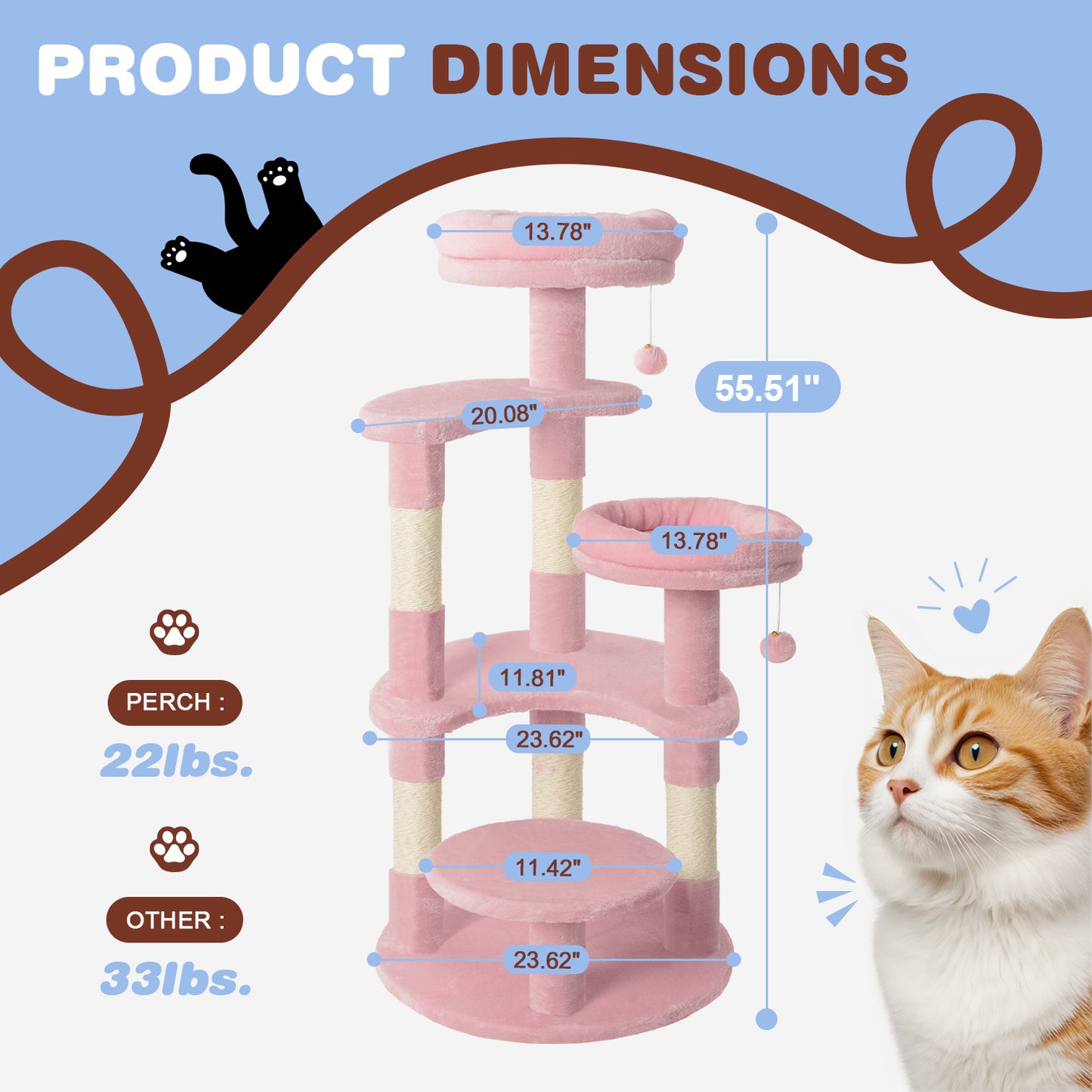 Amolife 55.5" Large Cat Tree and Tower with 5 Scratching Posts, Cat Perches for Indoor Cats and Kittens