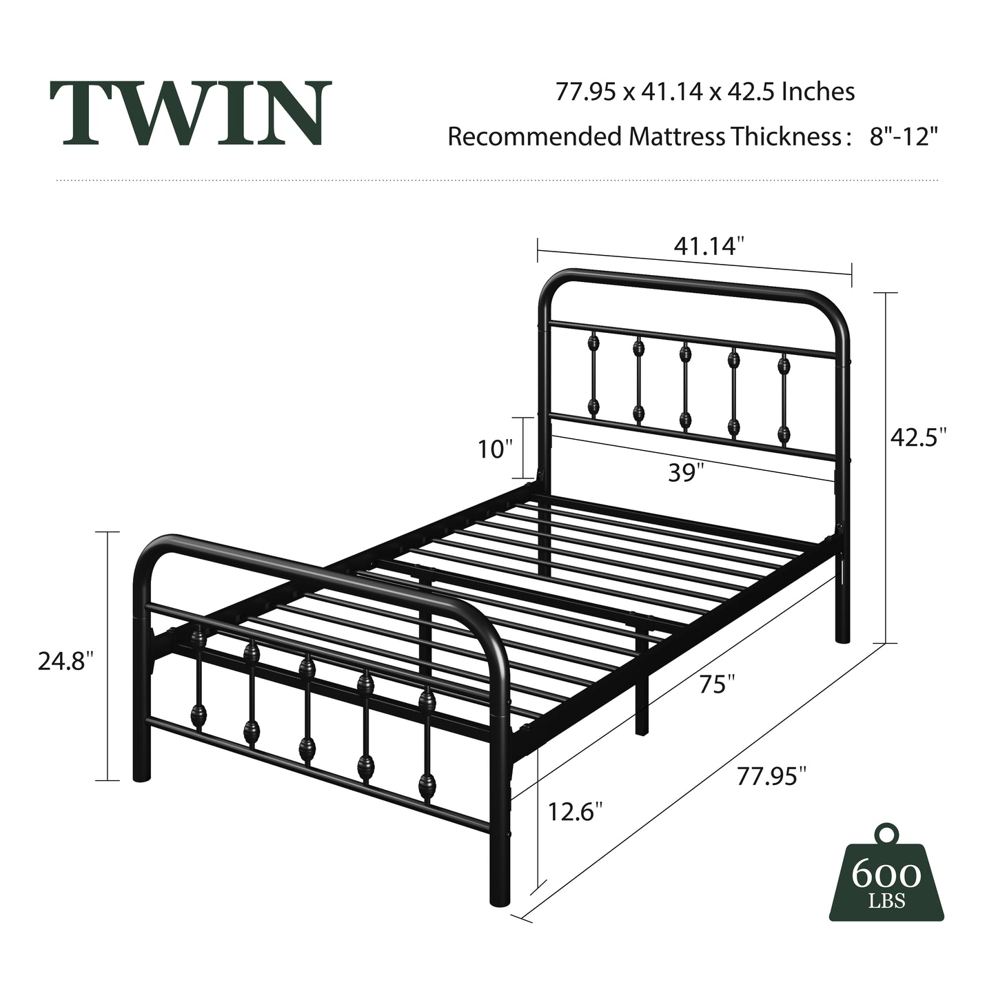 Amolife Metal Platform Bed Frame with Vintage Metal Headboard and 12.6" Under-Bed Storage
