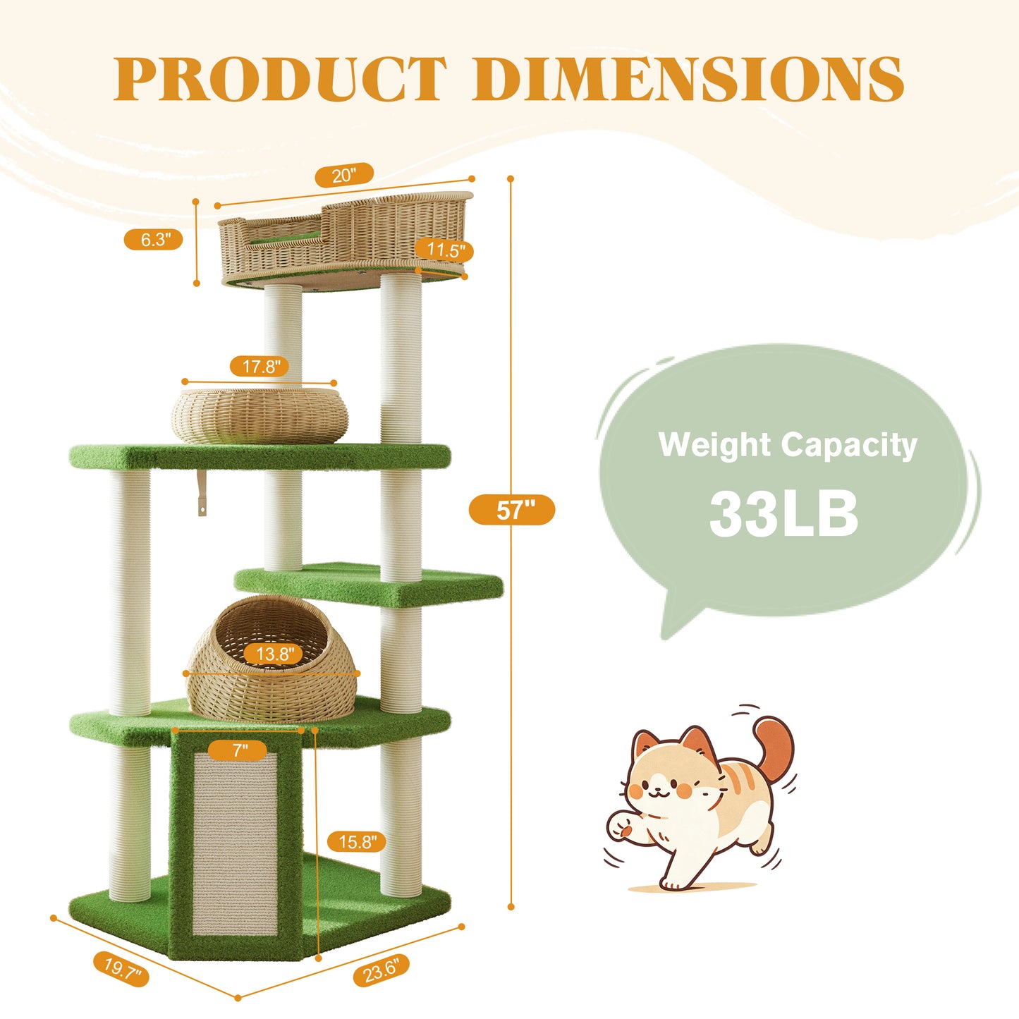 Amolife 57" Large Cat Tree Tower with Teddy Fleece Rattan Condo, Scratching Ramp and Posts for Indoor Cats and kittens, Green