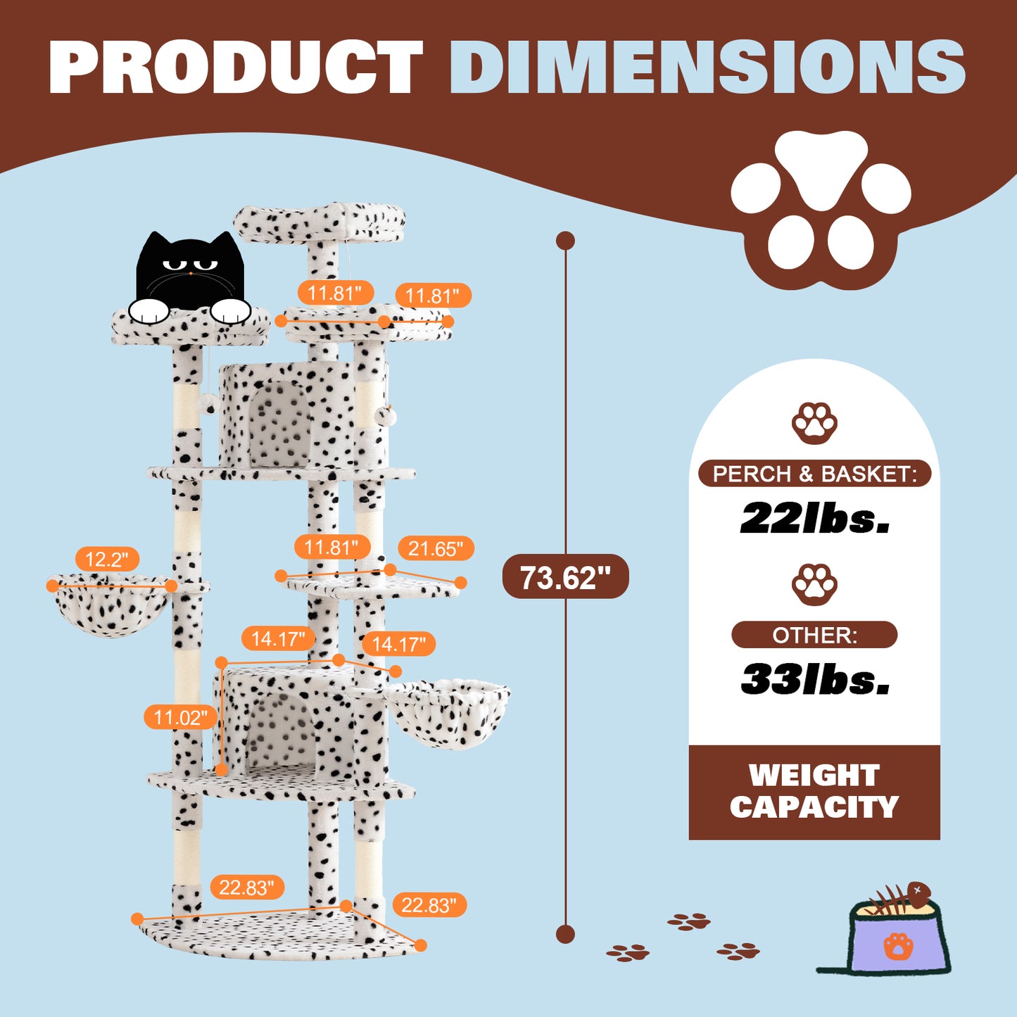 Amolife 73.6" Extra Large Corner Cat Tree, Fan-Shaped Tower with Scratching Posts & Condo House for Indoor Cats