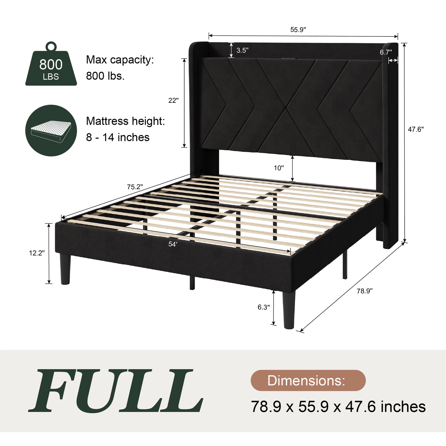 Amolife Platform Bed Frame with 4-in-1 Charging Station & Storage Shelf, Upholstered Velvet Wingback Headboard