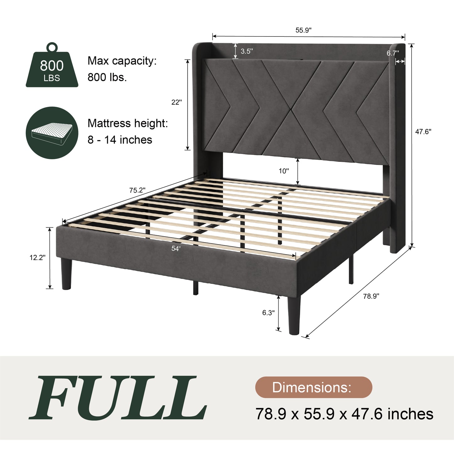 Amolife Platform Bed Frame with 4-in-1 Charging Station & Storage Shelf, Upholstered Velvet Wingback Headboard