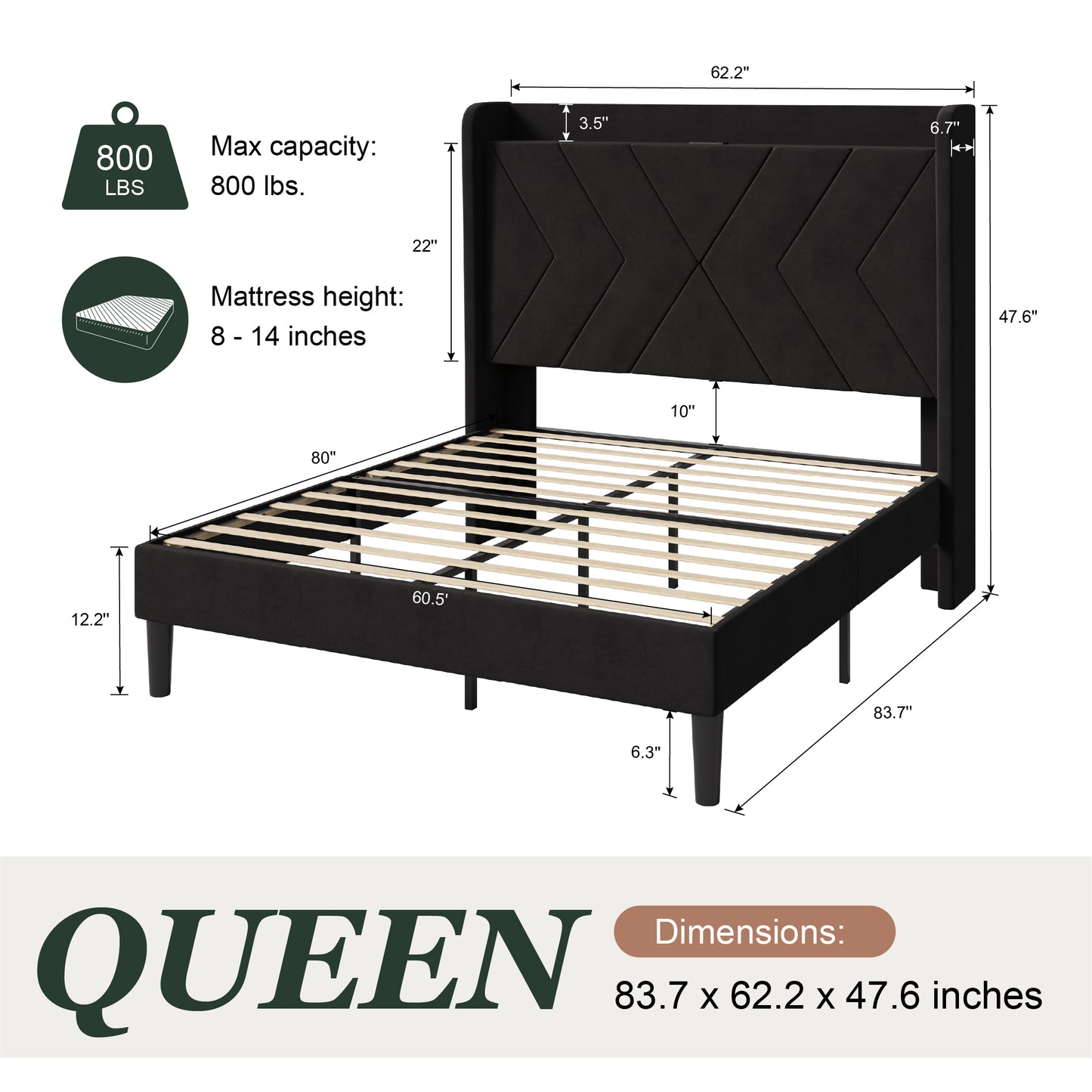 Amolife Platform Bed Frame with 4-in-1 Charging Station & Storage Shelf, Upholstered Velvet Wingback Headboard
