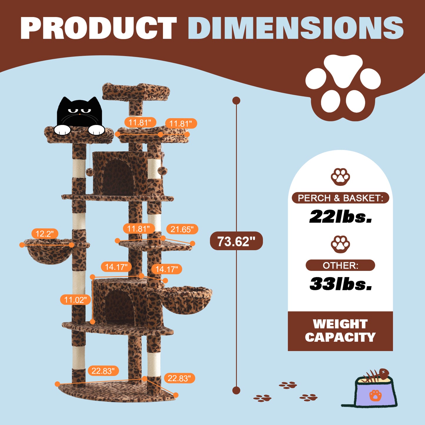 Amolife 73.6" Extra Large Corner Cat Tree, Fan-Shaped Tower with Scratching Posts & Condo House for Indoor Cats