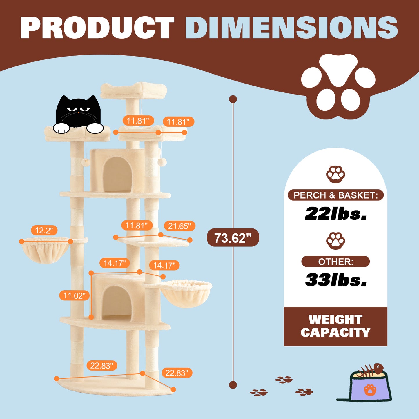 Amolife 73.6" Extra Large Corner Cat Tree, Fan-Shaped Tower with Scratching Posts & Condo House for Indoor Cats