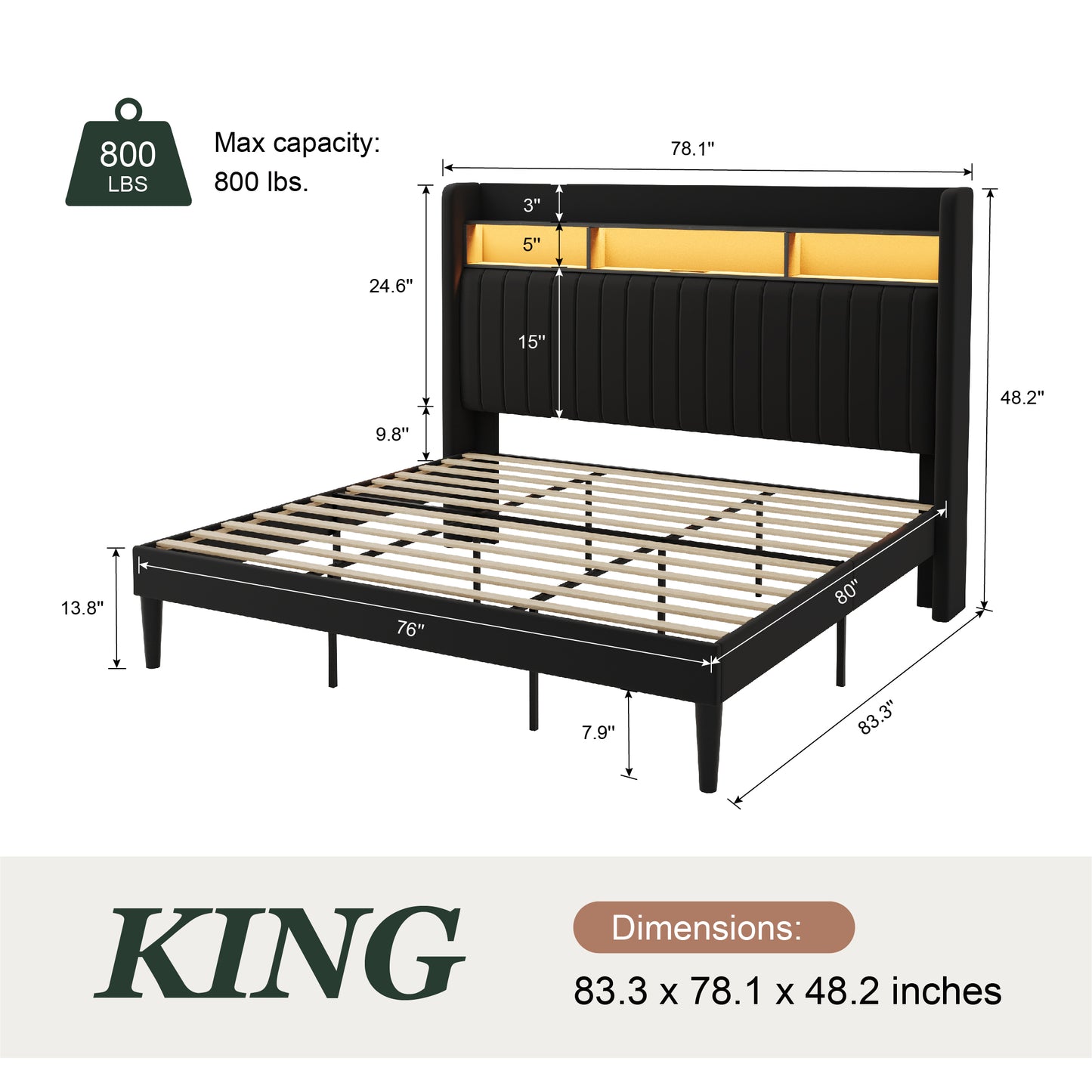 Amolife Bed Frame, RGB LED Lights & Charging Station, Upholstered Wingback Headboard, Noise-Free, No Box Spring Needed