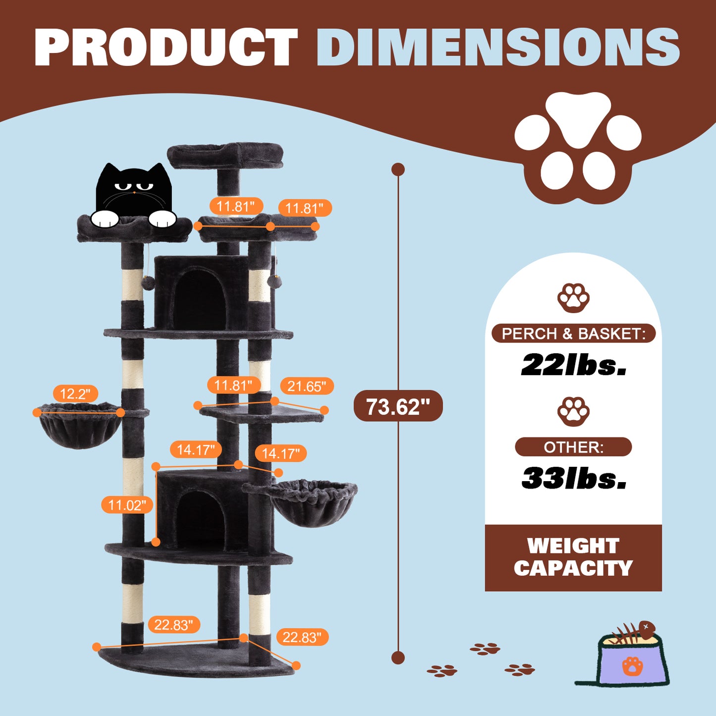Amolife 73.6" Extra Large Corner Cat Tree, Fan-Shaped Tower with Scratching Posts & Condo House for Indoor Cats